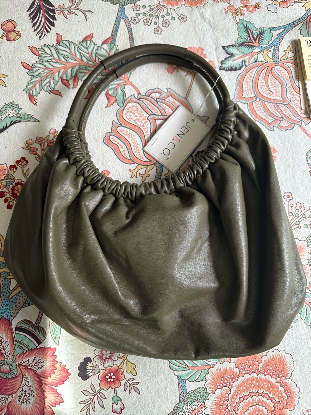 JEN & CO Olive Green Ruched Handle Women’s Shoulder Bag